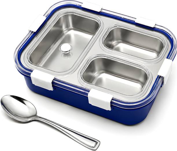 LIVORA Stainless Steel 3 Compartment Lunch Box Leakproof Tiffin with Spoon 3 Containers Plastic, Stainless Steel Office Lunch Box