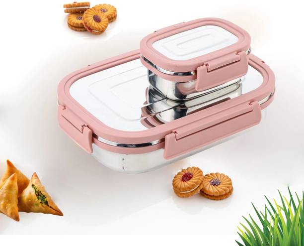 BLLUEX Stainless Steel Leak Proof, Airtight Lunch Box/Tiffin Box for Office, School 2 Containers Stainless Steel, Plastic School Lunch Box