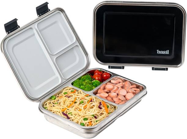 BASIL Bento Box Neo 975ml, 3 Compartment Leak-Proof Tiffin - Black 1 Containers Stainless Steel Office Lunch Box