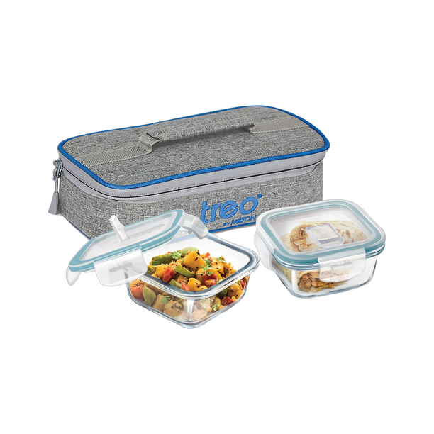 TREO All Fresh Square Tiffin 2 Containers of 400 ml Each with Jacket | Microwave Safe 2 Containers Glass Office Lunch Box