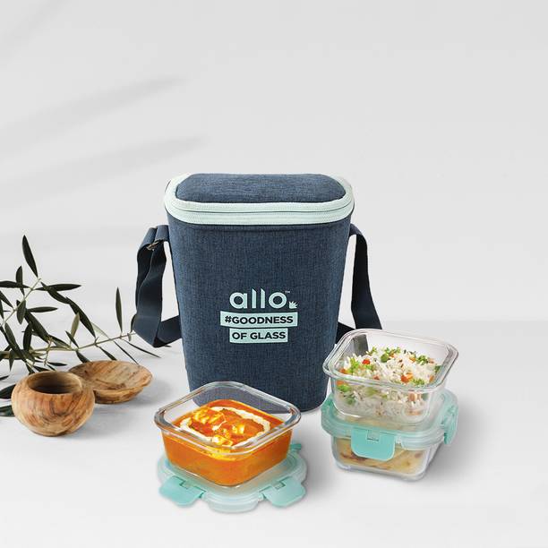 Allo FoodSafe Glass Lunch Box,Microwave Safe Tiffin with Denim Blue Lunch Bag, 3 Containers Lunch Box