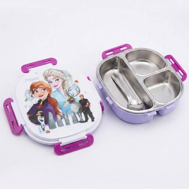Himanshi Plus Frozen Kids Stainless Steel Purple Lunch Box | 3 Compartment Tiffin with Spoon 3 Containers Stainless Steel School Lunch Box