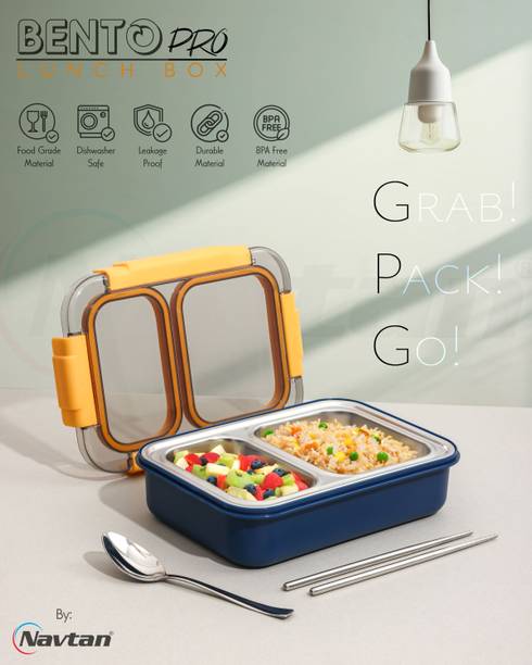 NAVTAN Bento Pro 2 Section Lunch Box | Stainless Steel | Air Tight | Spoon & Chopsticks 2 Containers Stainless Steel College Lunch Box