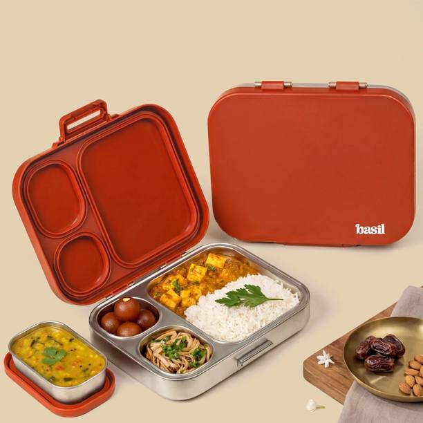 BASIL Quad plus 4-Compartment Stainless Steel Bento Box (1020ml) – Desi Mitti 4 Containers Stainless Steel School Lunch Box