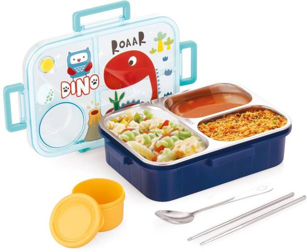 proera Blue Dinosaur Leakproof Lunch Box for Kids (750+80 ML) 3 Containers Lunch Box