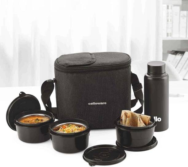 cello MF Alfa Microwave Safe Steel 3 x 375ml Container, 800ml Steel Water Bottle Black 3 Containers Stainless Steel Office Lunch Box