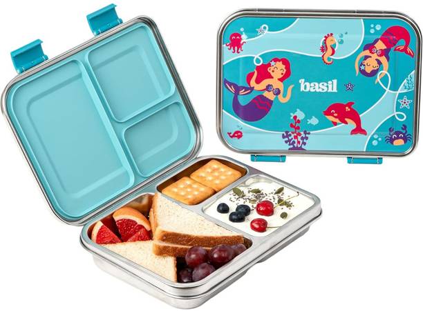 BASIL Bento Box Neo 975ml, 3 Compartment Leak-Proof Tiffin - Aqua Mist 1 Containers Stainless Steel School Lunch Box