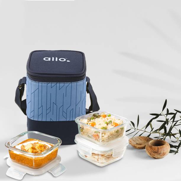 अलो FoodSafe Glass Lunch Box,Microwave Safe Tiffin with Space Blue Lunch Bag, 3 कंटेनर लंच बॉक्स