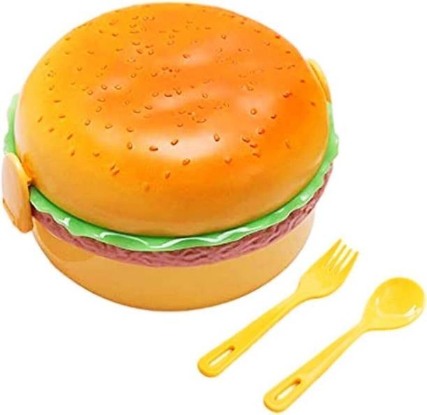 PERIZONE Plastic Burger Shaped Lunch Box for Kids - School Tiffin Box with Spoon 2 Containers Plastic School Lunch Box