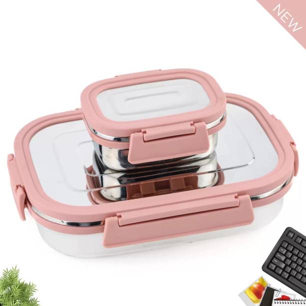 Kitchenetic Premium Quality Stainless Steel, Leak Proof Airtight Lunch box (Pink) 2 Containers Lunch Box
