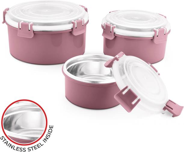 Classic Essentials Stainless Steel Microwave Safe Leak & Spill Proof Food Storage, Pink 3 Containers Stainless Steel Office Lunch Box