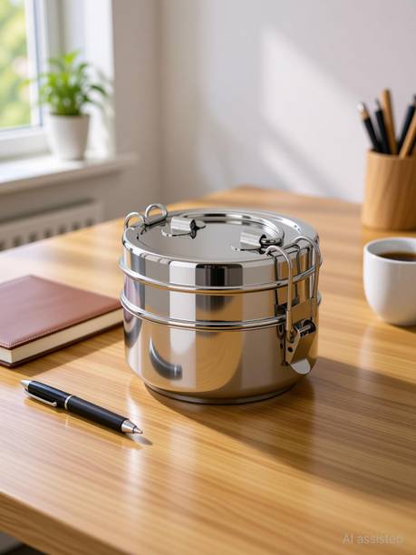VM Steel Lunch Box/Tiffin with Locking Clip, 2-Tier 2 Containers Stainless Steel Office Lunch Box