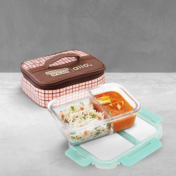 अलो FoodSafe Glass Lunch Box,Microwave Safe Tiffin with Cocoa Brown Lunch Bag, 1 कंटेनर लंच बॉक्स