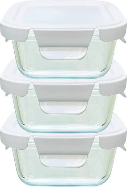 Lemon Tree Square Borosilicate Glass Bowl Lunch Box Tiffin Container with Air Tight Lid 3 Containers Glass Office Lunch Box
