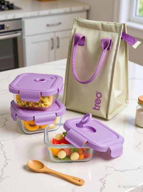 TREO Lumino Fresh Square Borosilicate Glass Tiffin Box Set of 3, Purple 320 ml e