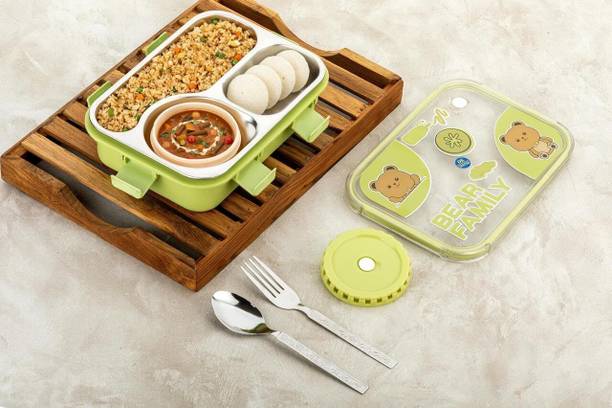 RSV HOMES Lunch Box with 3 Compartments & Spoon, Leakproof Bento Lunch Box for Office 3 Containers Plastic, Stainless Steel School Lunch Box