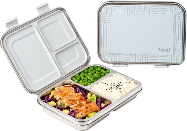 BASIL Bento Box Neo 975ml, 3 Compartment Leak-Proof Tiffin - Grey 1 Containers Stainless Steel Office Lunch Box