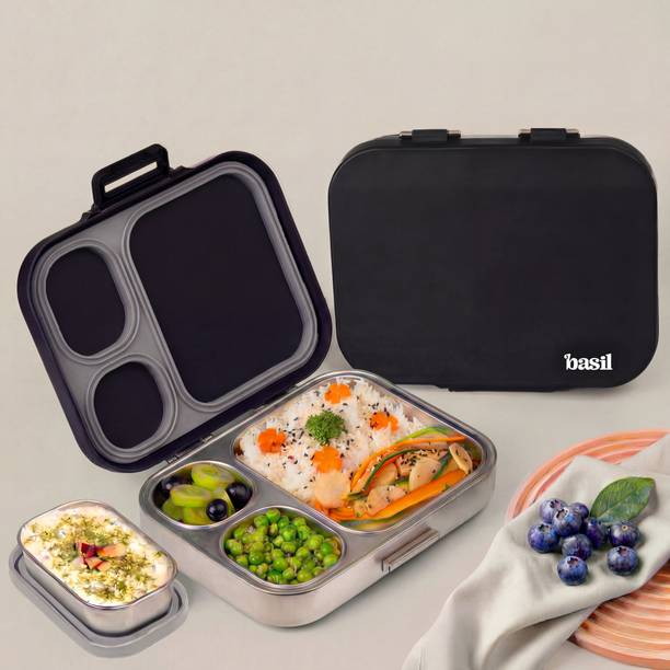 BASIL Quad plus 4-Compartment Stainless Steel Bento Box (1020ml) – Classic Black 4 Containers Stainless Steel School Lunch Box