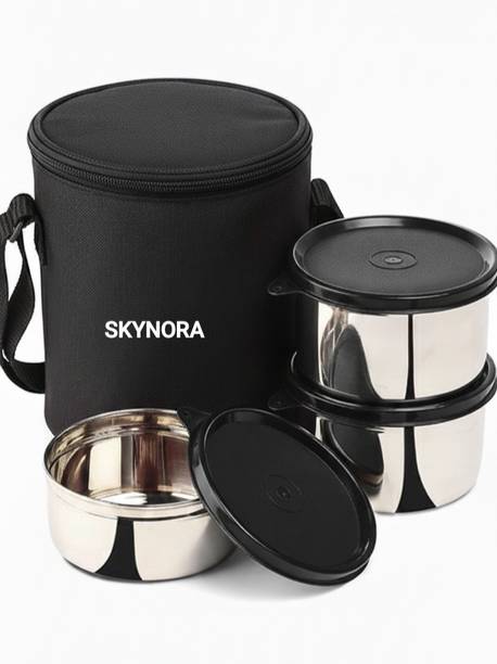 SKYNORA Stainless Steel Lunch Box Containers Size 500mlx2 | 350mlx1 (Black-tiffin box) 2 Containers Stainless Steel Office Lunch Box