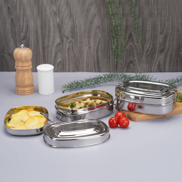 Sumeet Stainless Steel Rectangle Lunch Box with 2 Compartments & Locking Clip, 550ML 2 Containers Lunch Box