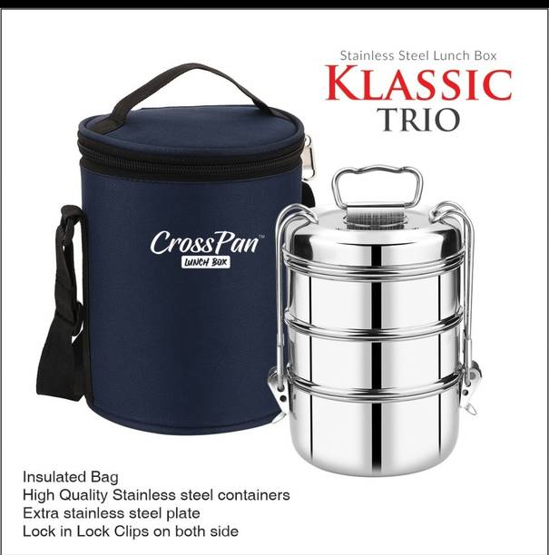 CrossPan Klassic Trio Stainless Steel Cliplock Lunch/Tiffin Box with Insulated Bag 3 Containers Lunch Box