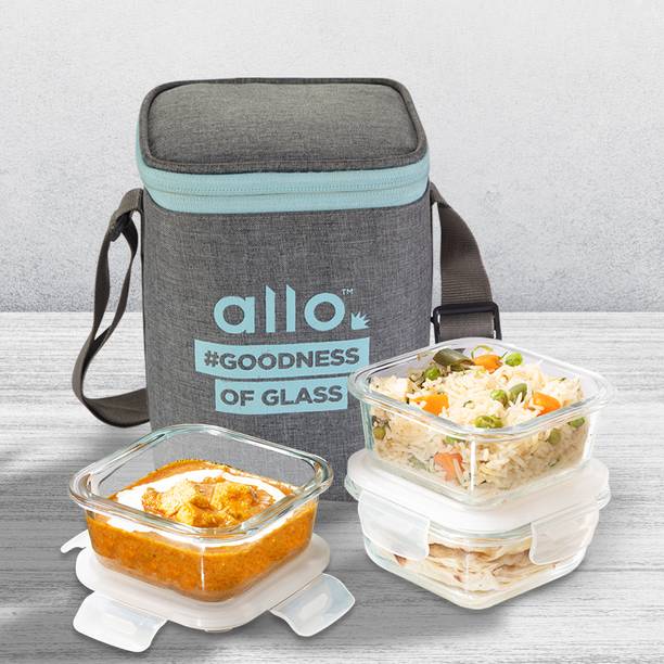 अलो FoodSafe Glass Lunch Box,Microwave Safe Tiffin with Canvas Grey Lunch Bag, 3 कंटेनर लंच बॉक्स