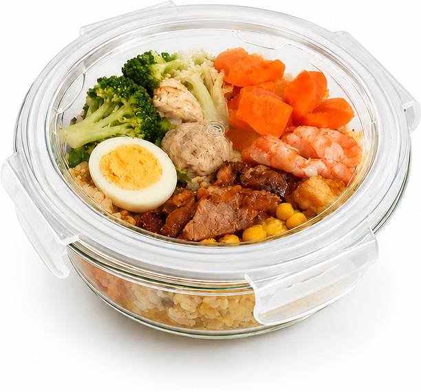 Borzor Round Glass Food Storage Container With Leak-Proof & Airtight Lid 1 Containers Glass Office Lunch Box