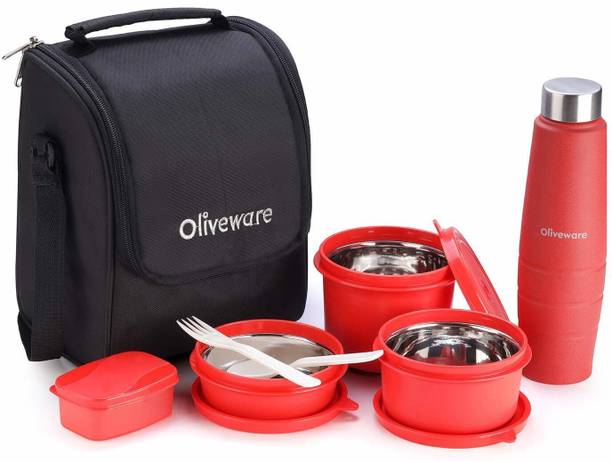 Oliveware Teso Lunch Box - Red with Bottle 3 Stainless Steel Containers, Pickle Boxes, Assorted Insulated Fabric Bag Leak Proof, Microwave Safe Full Meal and Easy to Carry 3 Containers Lunch Box