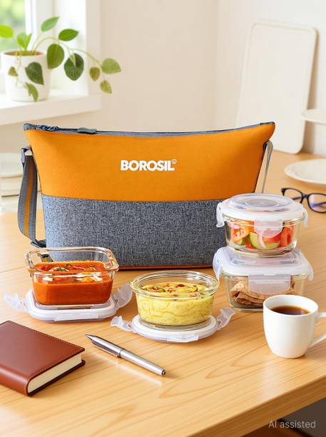 BOROSIL Zest Daisy Glass Lunchbox, 4pc Container (320ml x 2 Square + 240ml x 2 Round) 4 Containers Glass Office Lunch Box
