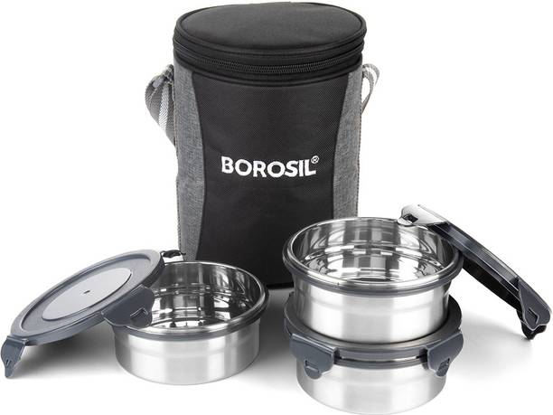बोरोसिल Lunch Box with Bag, 3 Pc (400ml x 3) Stainless Steel Office Tiffin 3 कंटेनर लंच बॉक्स