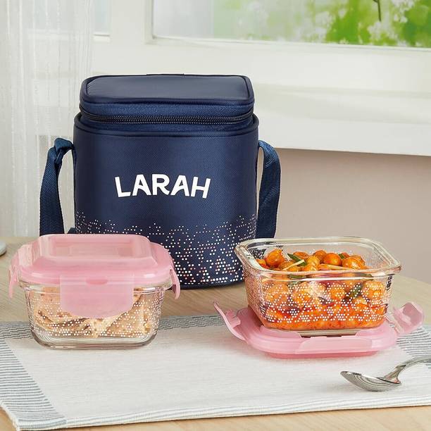 Larah by Borosil Speckle Pink Borosilicate Glass Tiffin, (320ml x 2) Vertical, Square 2 Containers Glass Office Lunch Box 640 ml
