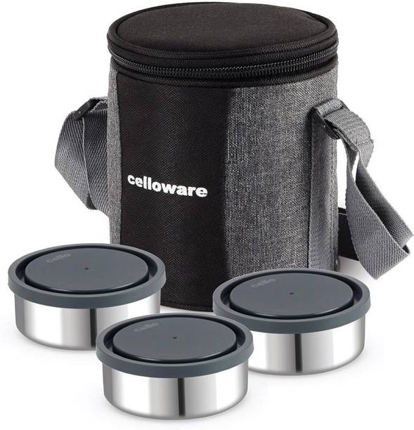 cello MF Meal Station Stainless Steel Set of 3 x 300ml Round Containers with Bag, Grey 3 Containers Stainless Steel Office Lunch Box
