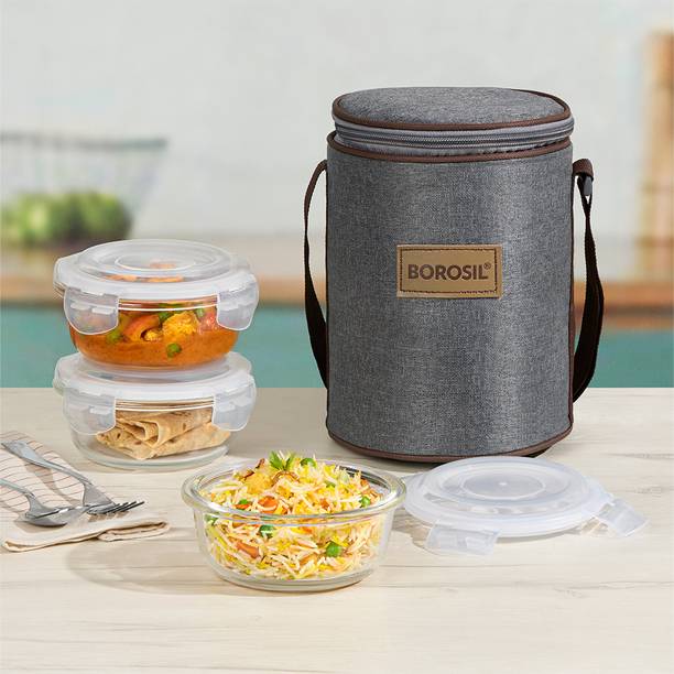 BOROSIL Pro Borosilicate Glass Lunchbox, 3 pc Set (400 ml Each), Microwave Safe 3 Containers Lunch Box