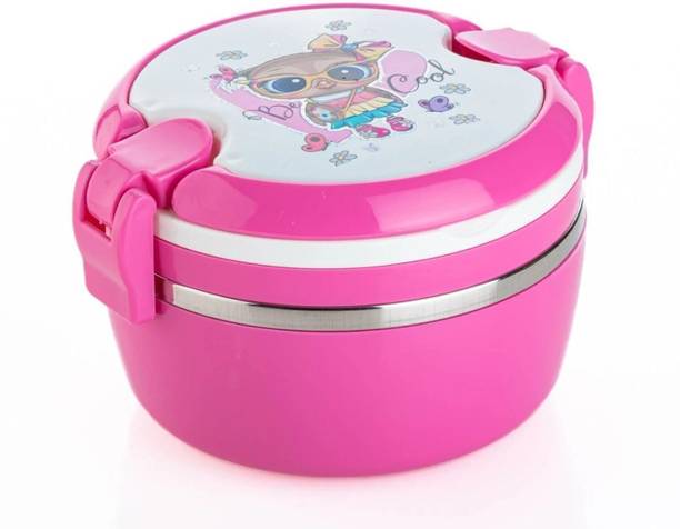 AK10ZONE Stainless Steel Printed Round Shape Lunch Box For Kids 2 Containers Lunch Box