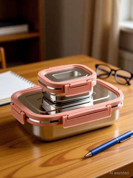 BLAL Stainless Steel Food Tiffin, Set of (850ml and 250ml ) Pink 2 Containers Stainless Steel College Lunch Box