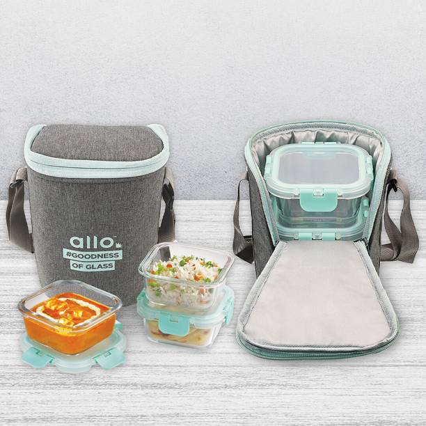 Allo FoodSafe Glass Lunch Box,Microwave Safe Tiffin with Denim Grey Lunch Bag, 3 Containers Lunch Box
