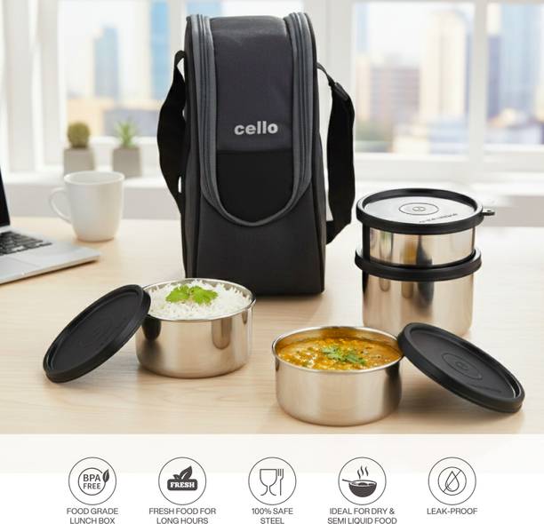 cello Steelox Set of 4 Pcs (225ml, 375ml, 2 x 550ml) with Bag, Grey Airtight Leakproof 4 Containers Stainless Steel Office Lunch Box