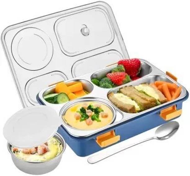 AK10ZONE Stainless Steel Lunch Box 4 Compartment with Steel Cutlery (Pack of 1) 4 Containers Lunch Box