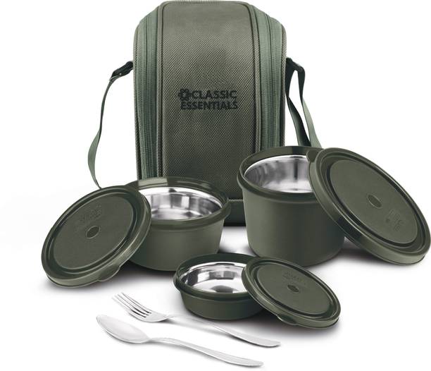 Classic Essentials Suprme Stainless Steel Lunch Box Set with Cutlery & Bag | Microwave Safe 3 Containers Lunch Box