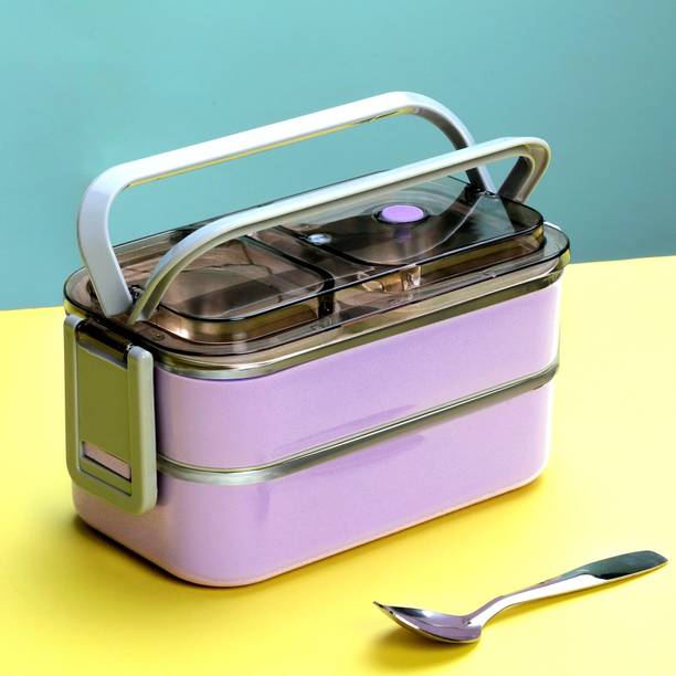 plizzo kitchenware Plizzo 2 Layer Insulated Leakage Proof Stainless Steel Lunch Box with Spoon Lid 3 Containers Lunch Box