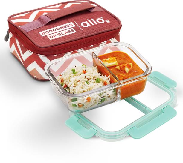 अलो FoodSafe Glass Lunch Box,Microwave Safe Tiffin with Chevron Red Lunch Bag, 1 कंटेनर लंच बॉक्स