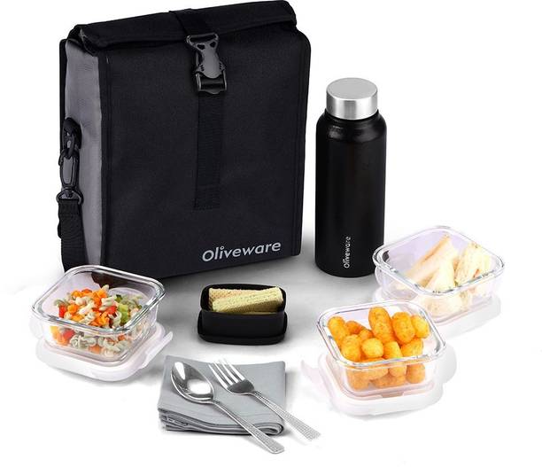 Oliveware Crystal Lunch Box with Steel Cutlery 5 Containers Glass Office Lunch Box