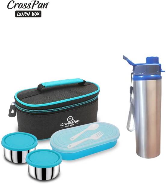 CrossPan Double Decker Executive Stainless Steel Lunch/Tiffin Box/Pack 3Containers (Blue)+ Sleek Water Bottle (600ml) 3 Containers Lunch Box