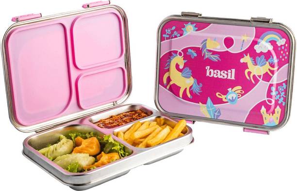 BASIL Bento Box - Lunch Box for Kids| Stainless Steel| Leak Proof| - Pink 3 Containers Stainless Steel School Lunch Box