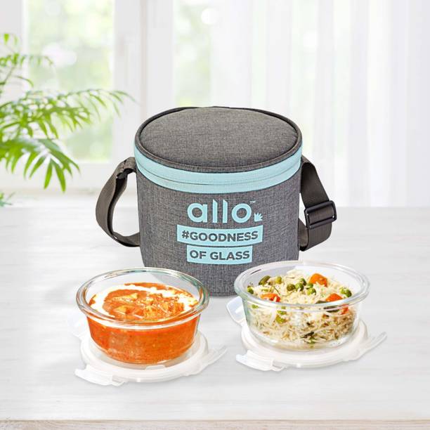 Allo FoodSafe Glass Lunch Box,Microwave Safe Tiffin with Canvas Grey Lunch Bag, 2 Containers Lunch Box