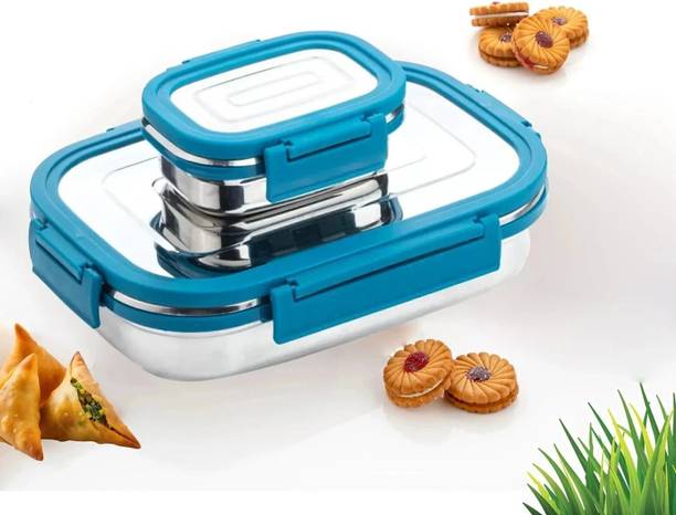 BLLUEX Stainless Steel Leak Proof, Airtight Lunch Box/Tiffin Box for Office, School, 2 Containers Stainless Steel, Plastic School Lunch Box