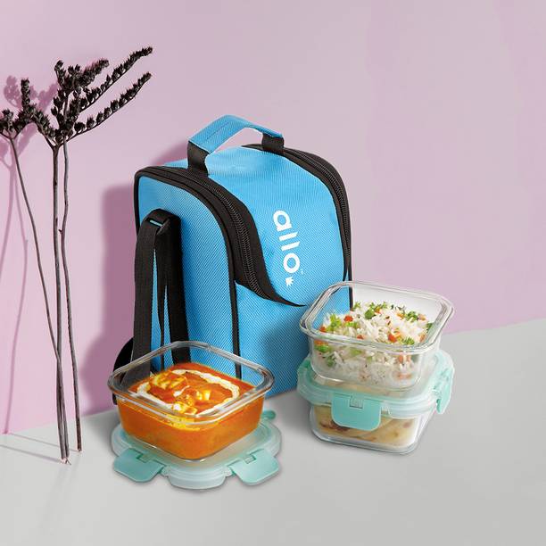 Allo FoodSafe Glass Lunch Box,Microwave Safe Tiffin with Sky Blue Lunch Bag, 3 Containers Lunch Box