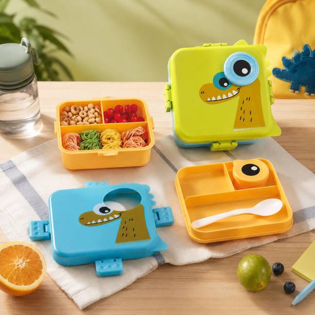 Belmira Dino Lunch Box with Spoon, Fork & Sauce Container For School, Picnic & Travel 3 Containers Plastic School Lunch Box
