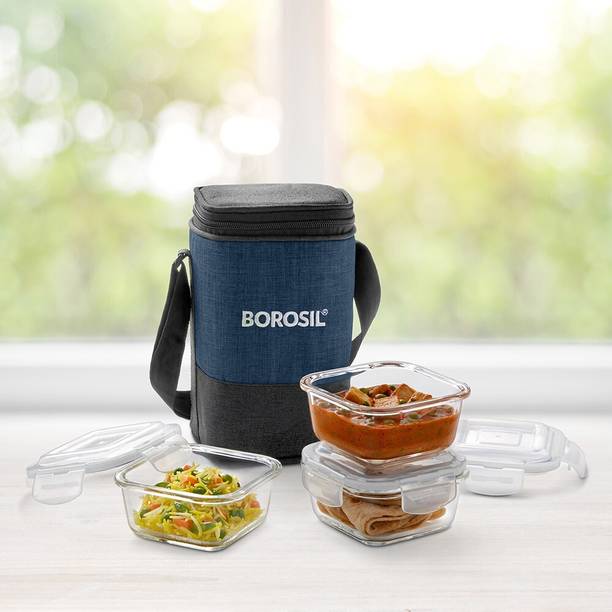 BOROSIL Elite Lunch Box with Bag, Set of 3 (320 ml x 3), Office Tiffin, Square 3 Containers Lunch Box