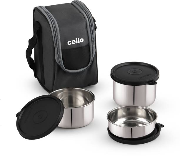 cello Steelox Set of 3 Pieces (225ml, 375ml, 550ml) with Bag, Grey Airtight Leakproof 3 Containers Stainless Steel Office Lunch Box